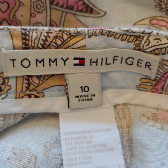 Tommy Hilfiger 100% linen pale blue, pink, gold paisley pastel crop pants SZ 10 - Picture 9 of 10